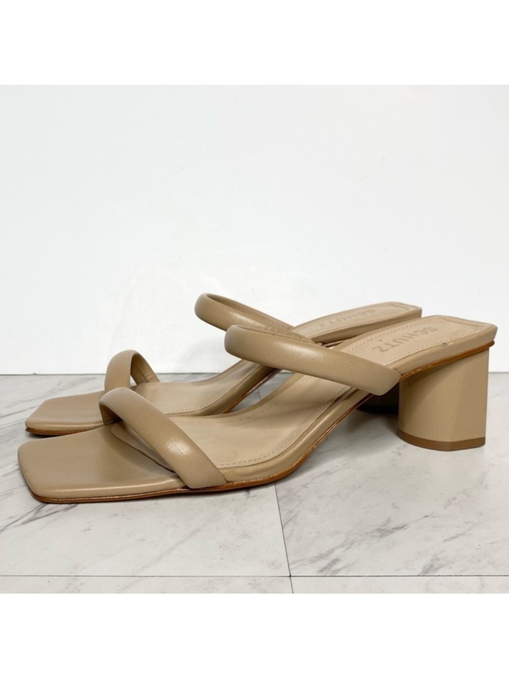 New! Schutz Ully Lo Tan Leather Heeled Sandal 10B